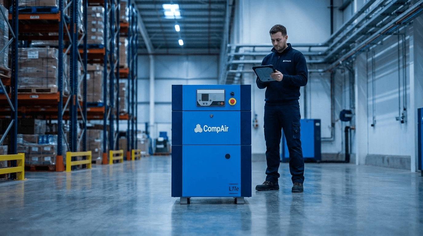 An engineer reviewing a CompAir L11e screw compressor in a Costco distribution warehouse plant room
