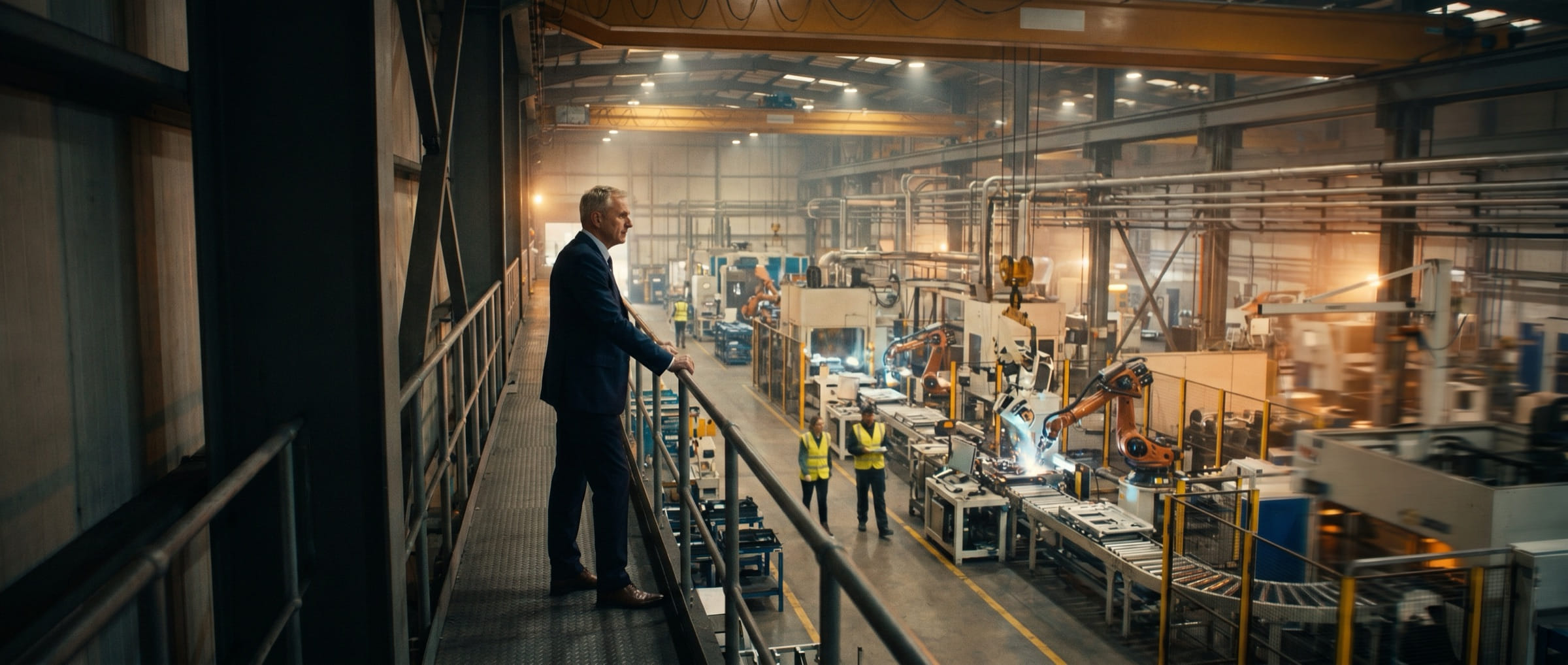 Operations director on a mezzanine walkway overlooking a large, busy manufacturing factory floor with active production lines and machinery