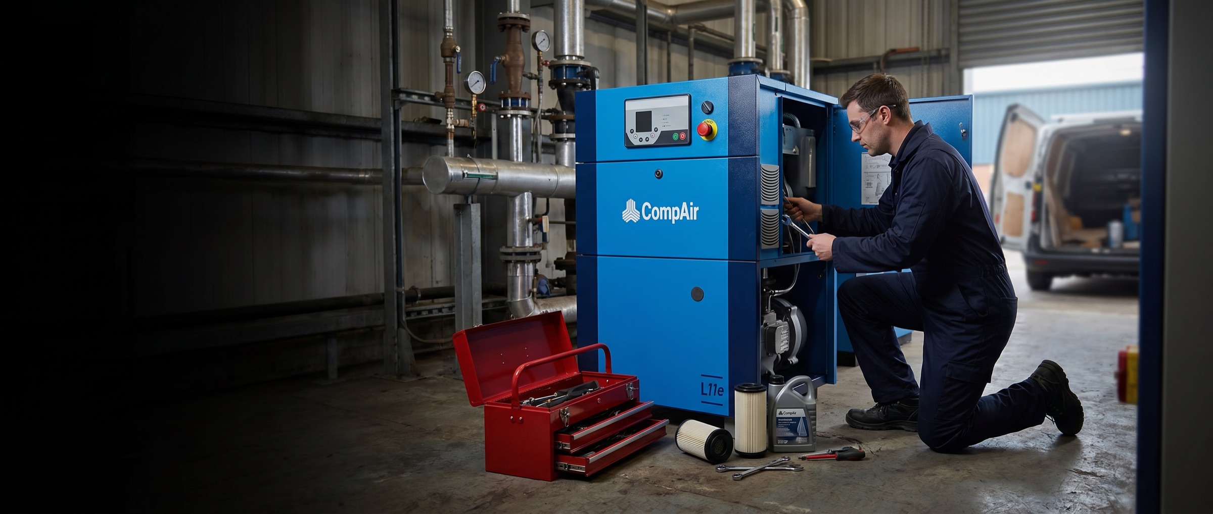 Airmech engineer kneeling to service a CompAir rotary screw compressor with tools and genuine spare parts laid out in a plant room