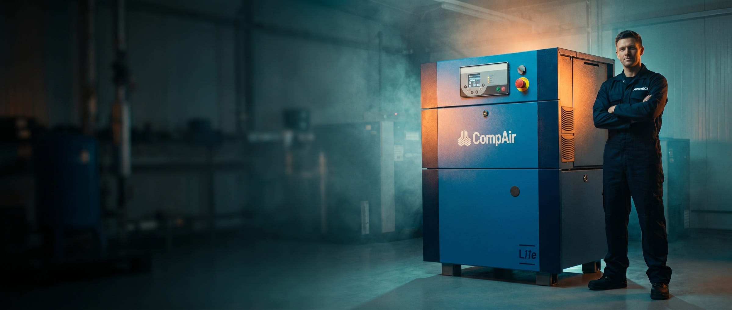 New CompAir compressor in a plant room with an Air-Mech engineer